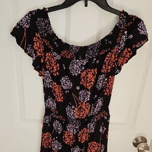 Floral Black Dress with Orange and Purple Accents
